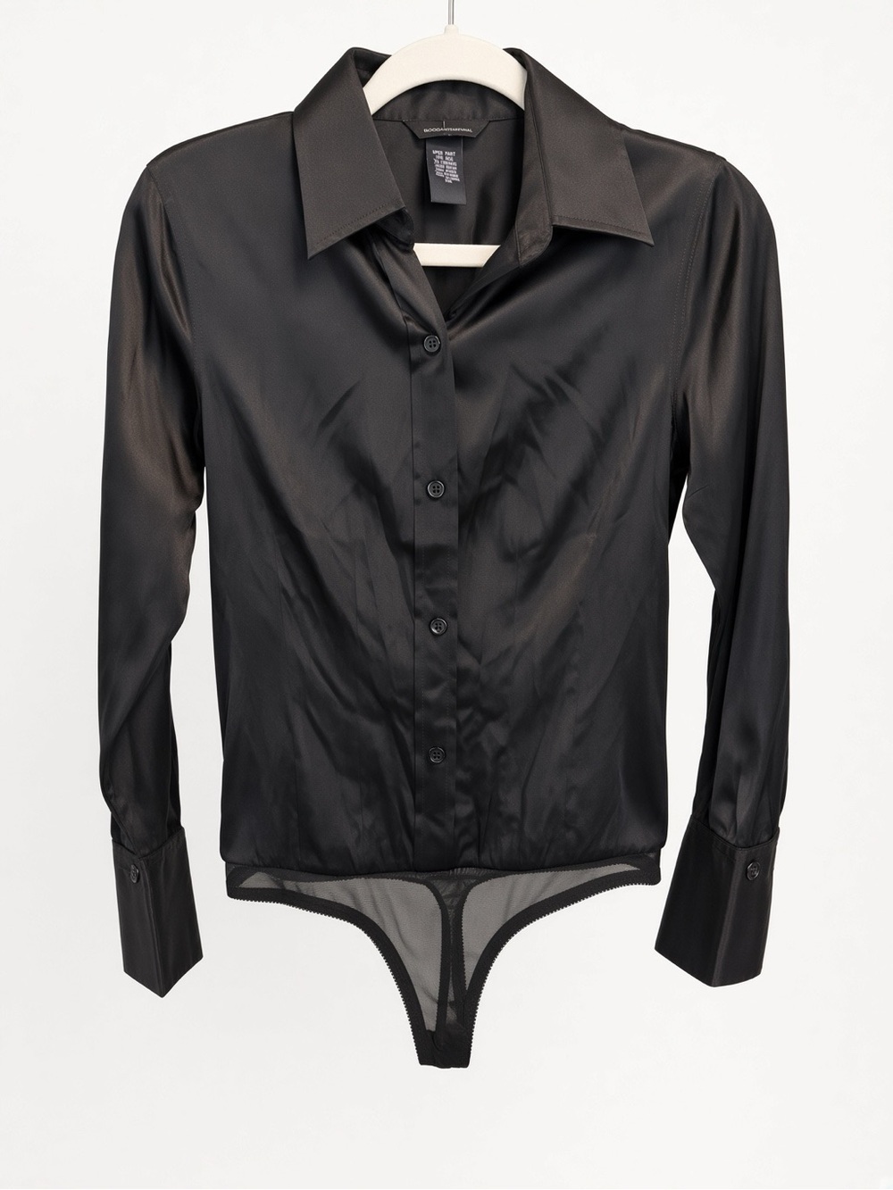 Silk, Moda International Black Long-Sleeve Button-Front Bodysuit Shirt